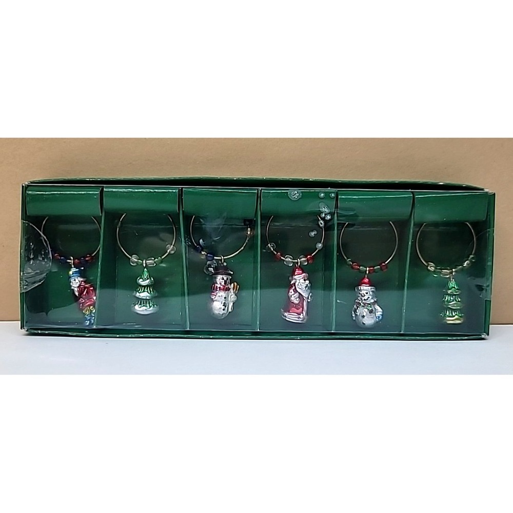 Boston Warehouse 6 pc Christmas Wine Glass Markers/Charms-Tree/Snowman/Santa